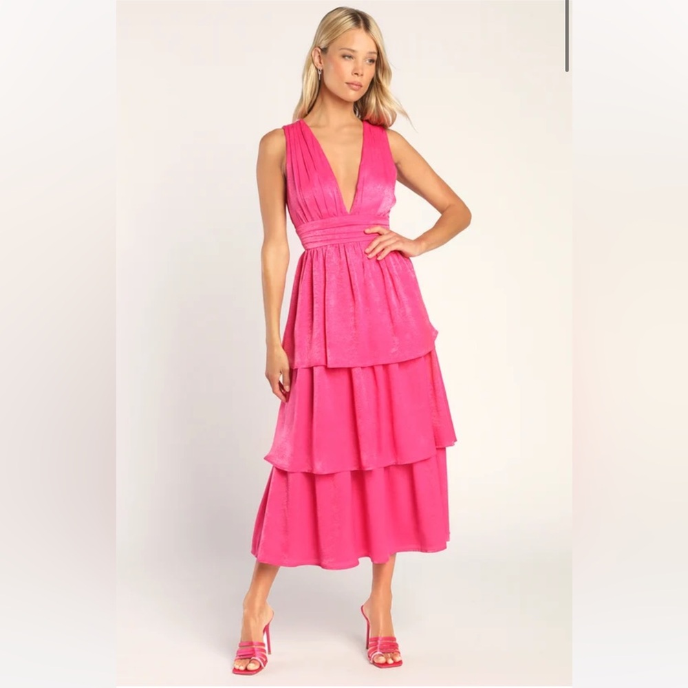 Lulu’s Peak Party Vibe Hot Pink Satin Tiered Tie-Back Midi Dress Wedding Guest